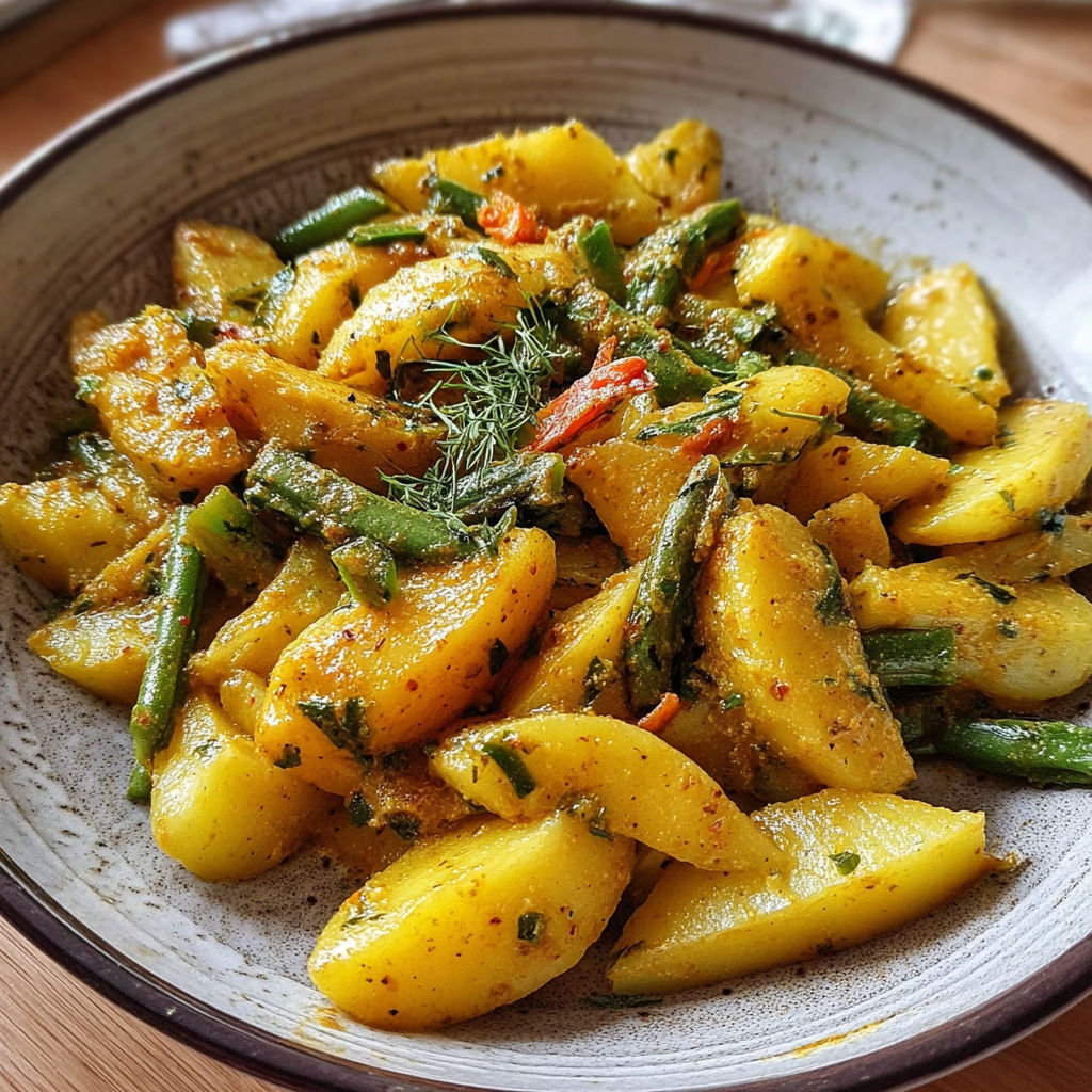 Une assiette de légumes et de pommes de terre, avec des herbes et des épices, est servie sur une table.
