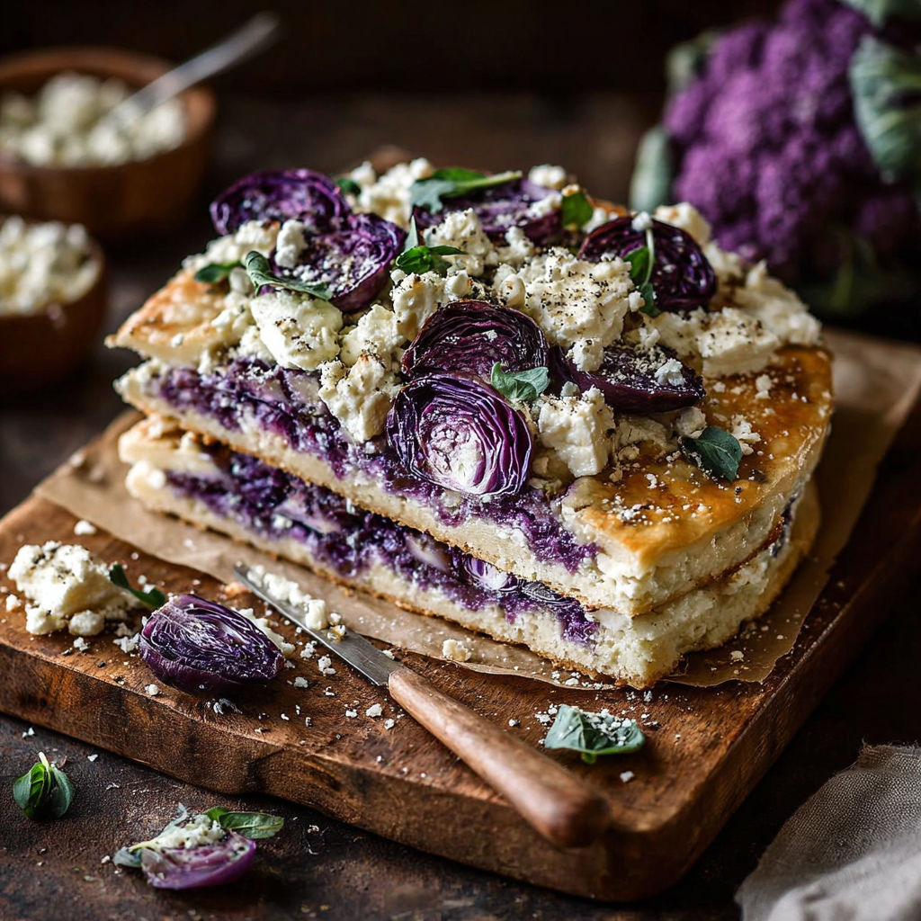 Une tarte aux bleuets et fromage, avec des herbes fraîches et des légumes, est servie sur un plateau.