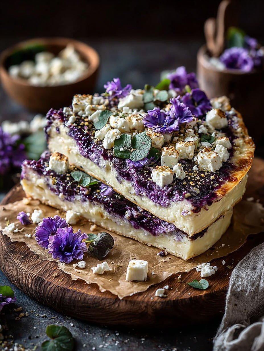 Une tarte aux fruits rouges et fromage, avec des graines de lin et des épinards, est servie sur un plateau en bois.