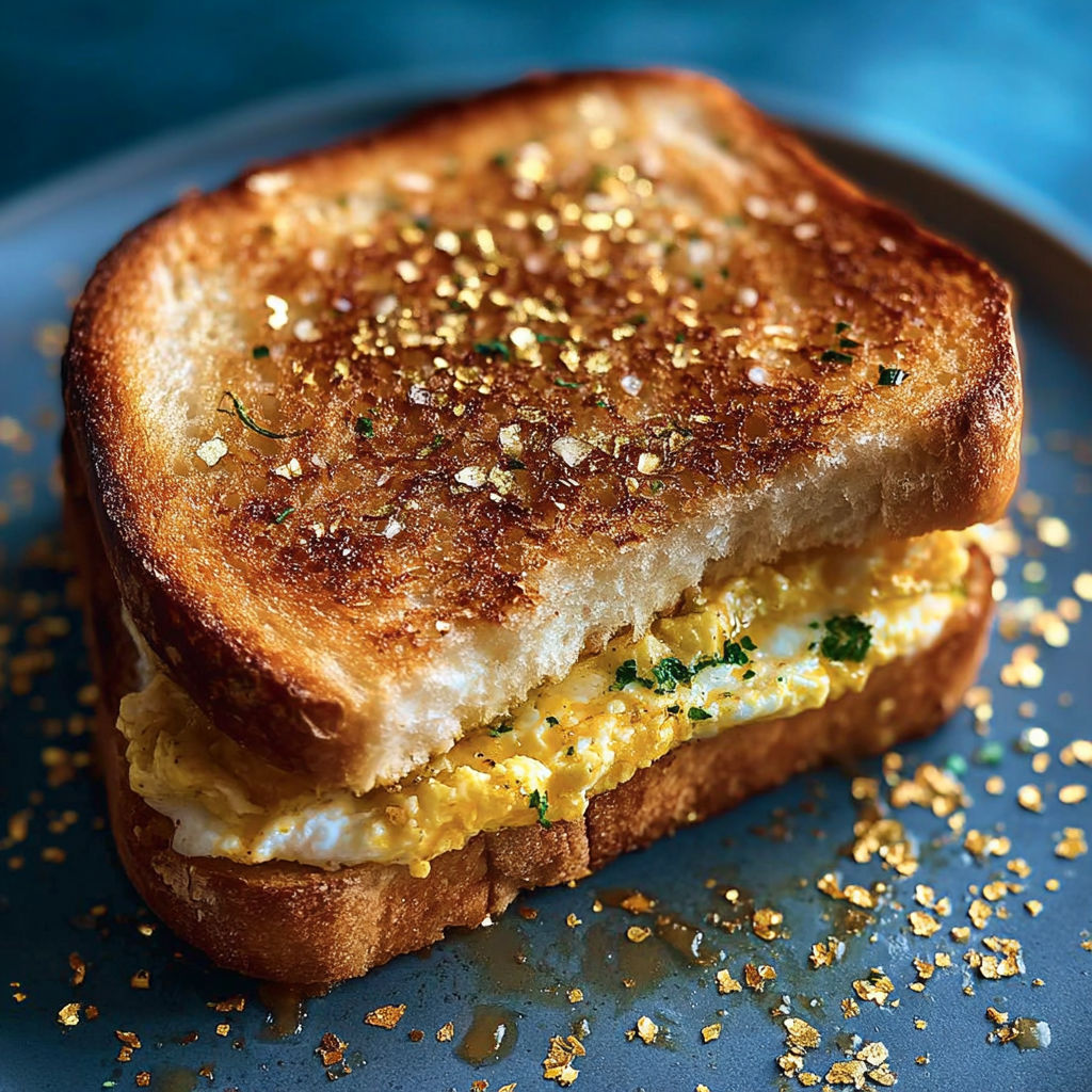 Une tranche de toast grillé avec des herbes et des œufs.