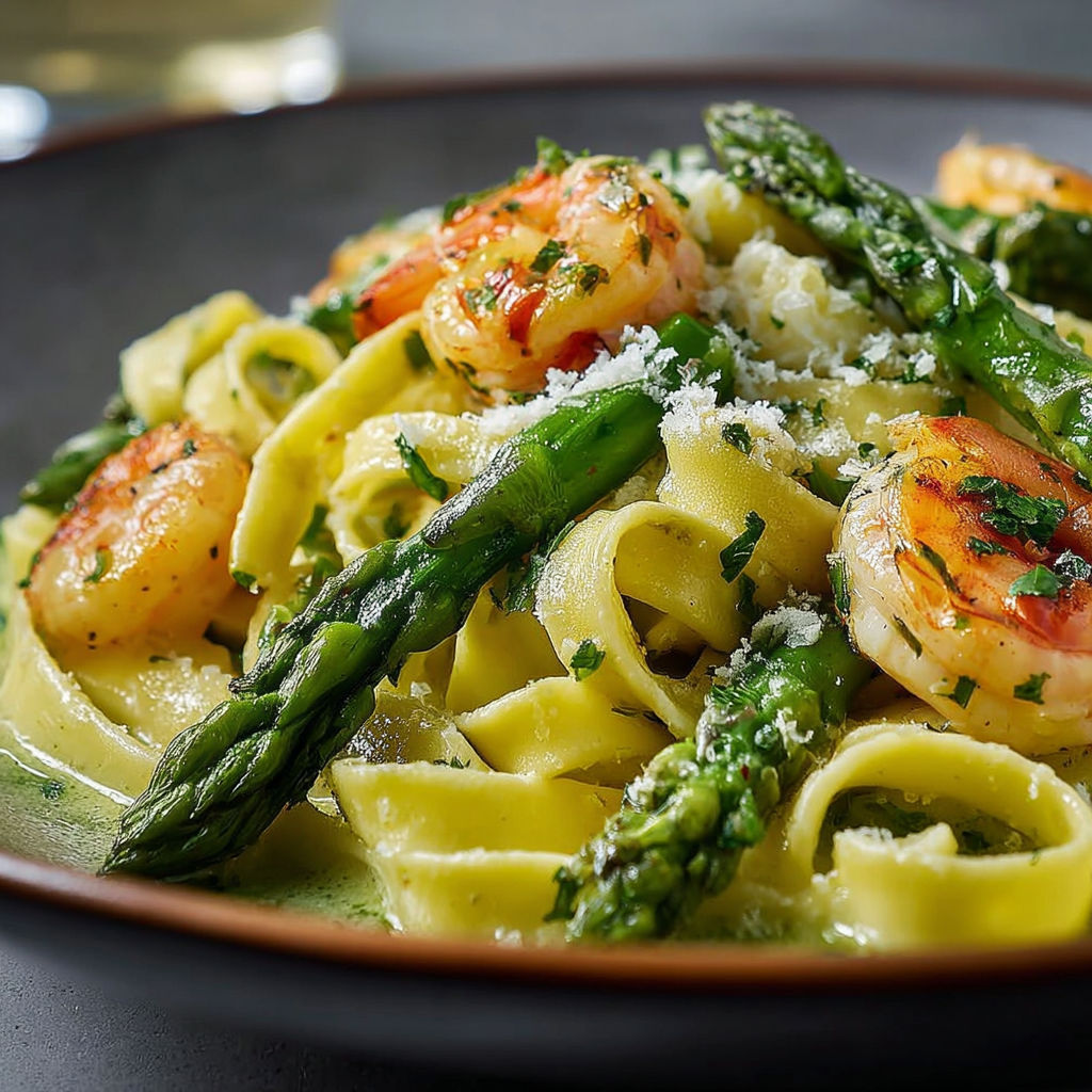 Une plate de Pasta con asparagi e gamberi.