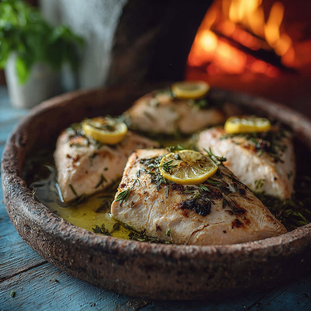 Un poisson grillé avec des citrons et des herbes, dans un bol sur une table.