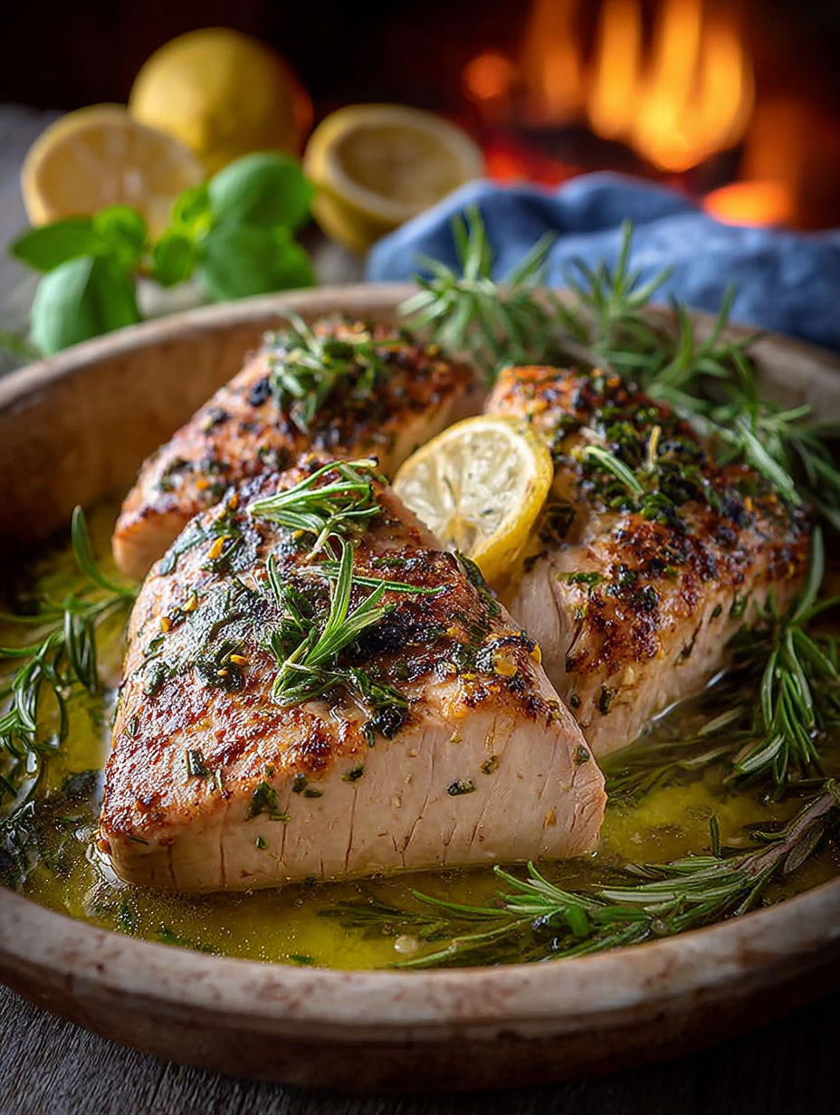 Une poisson grillé avec des herbes et des citrons.