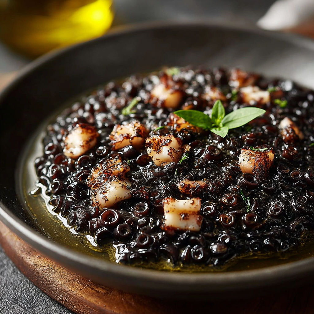 Une recette de Riso nero di mare est servie dans un bol.