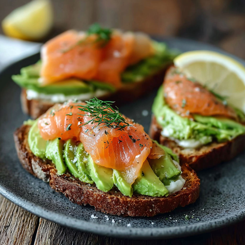 Une tranche de pain grillé avec des avocats et des légumes verts.