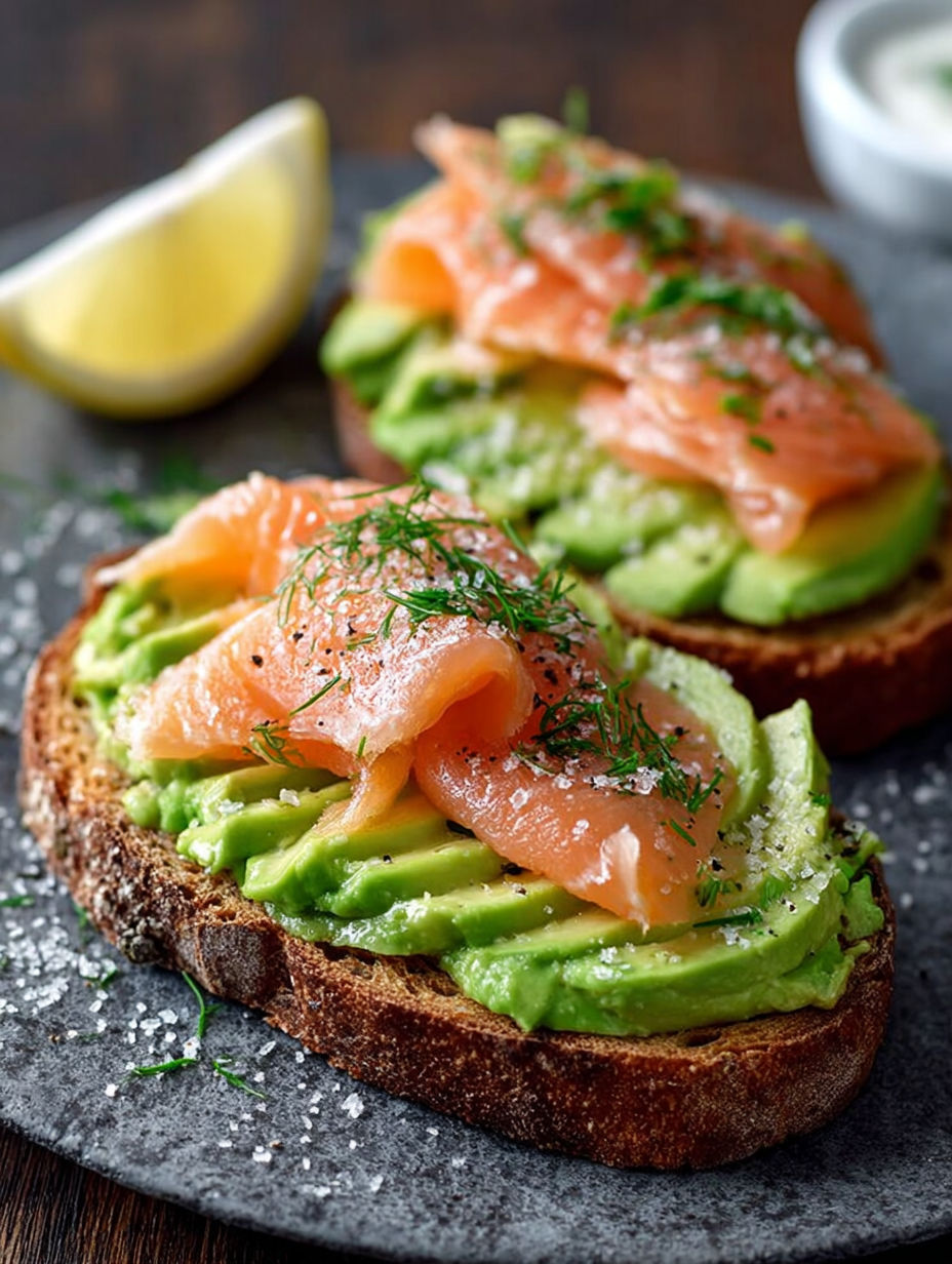 Une tranche de pain grillé avec des avocats et des citrons.