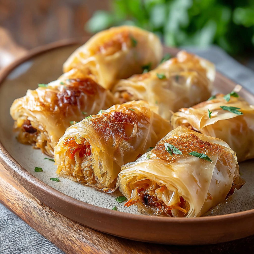 Un délicieux plat de rotoli fillo tonno patate, servies sur un plateau en bois.