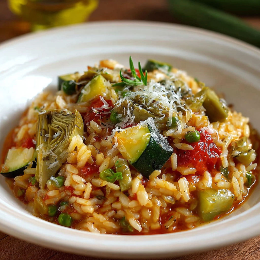 Risotto primaverile con verdure, une recette savoureuse et colorée, est servie dans un bol en porcelaine.
