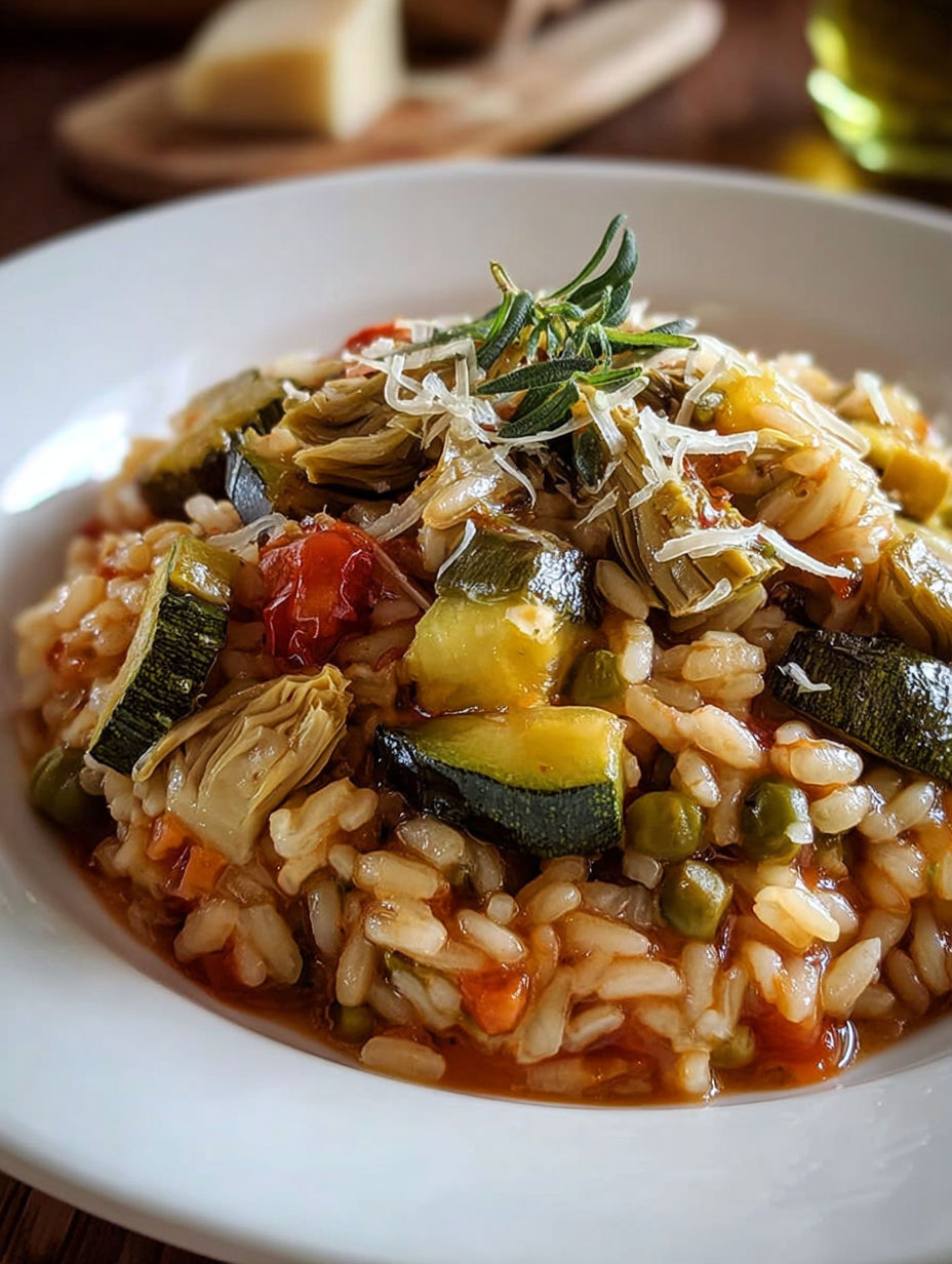 Une plate de risotto aux légumes, avec des légumes tels que des courgettes, des poivrons et des épinards.