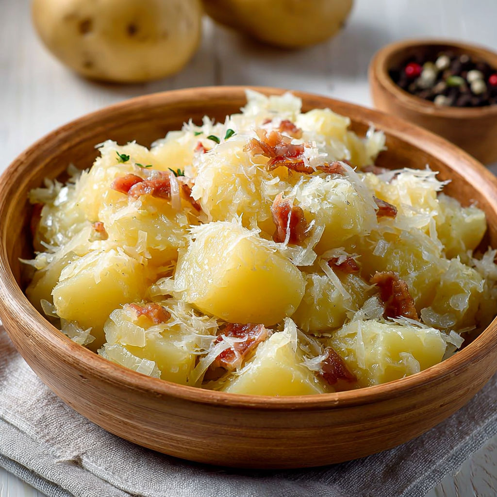 Une assiette de patates friulanes avec des bacon et des herbes.