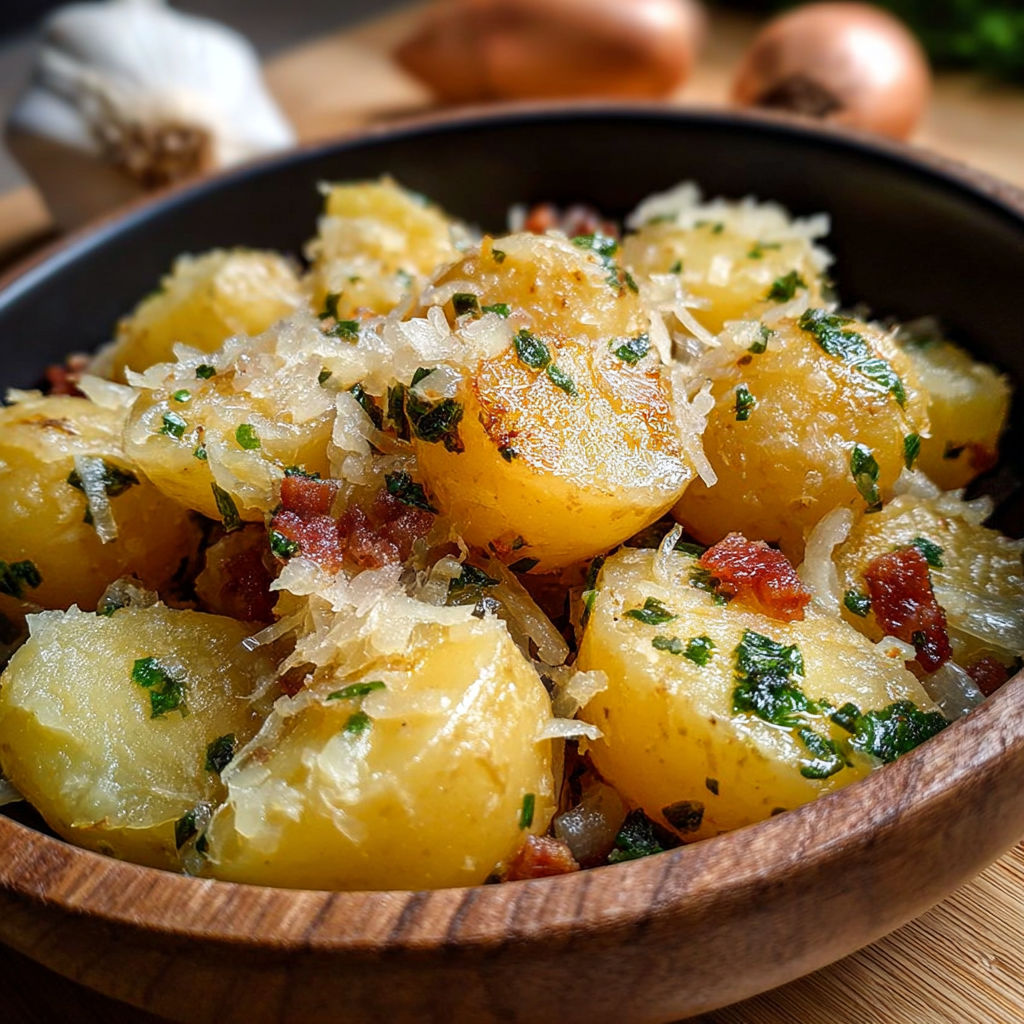 Une salade de pommes de terre avec des herbes et des noix de cajou.
