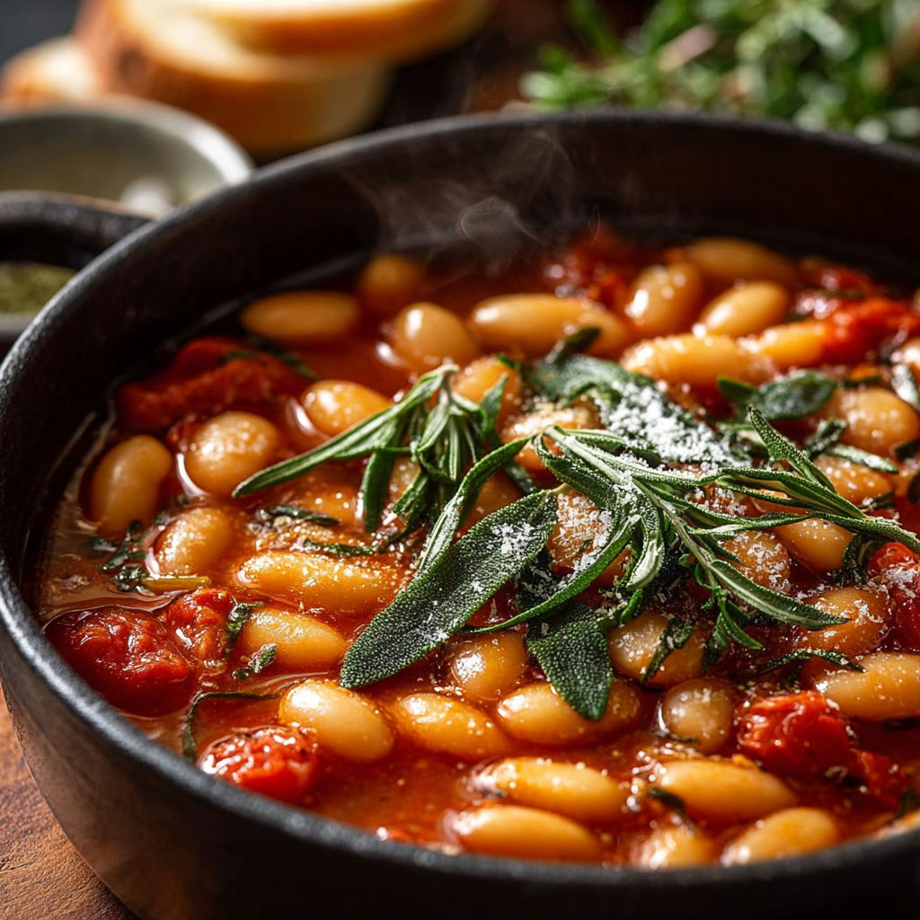 Une recette de Fagioli Cannellini alla Toscana est servie dans un bol en terre.