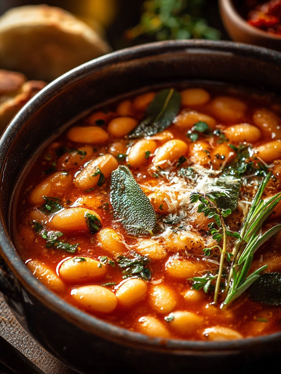 Une soupe de haricots et de lentilles est servie dans un bol en terre.