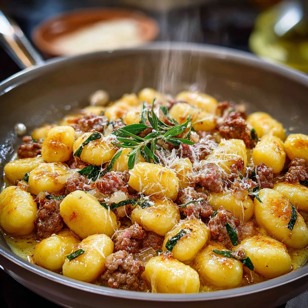 Une recette de Gnocchetti con salsiccia stracchino est servie dans un bol.