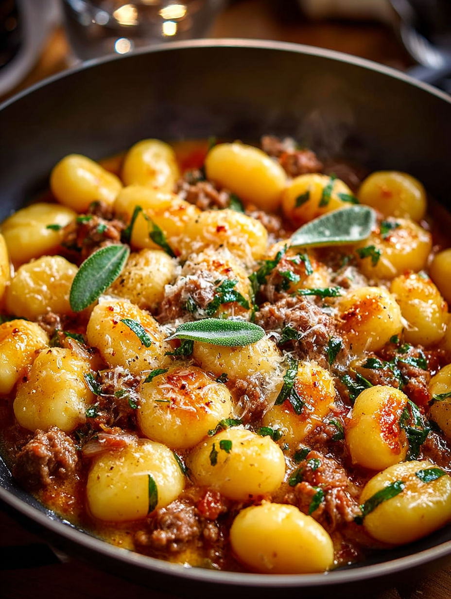 Une recette de gnocchetti con salsiccia stracchino est servie dans un bol.