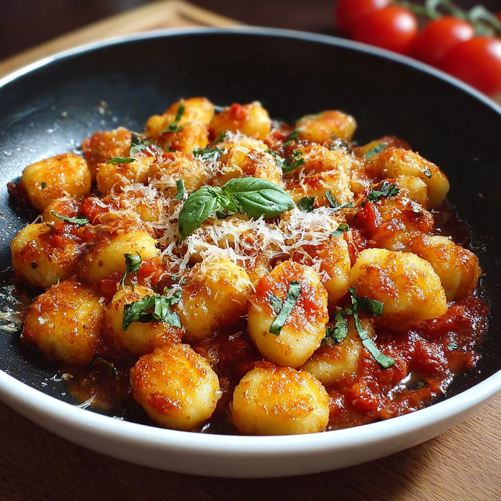 Une recette de gnocchi sorrentina aria fritta est servie dans un bol.