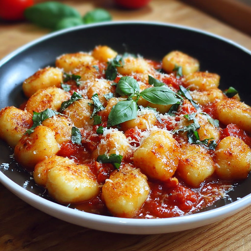 Une recette de pâtes à la sauce tomate et herbes, servie dans un bol noir sur un plateau.