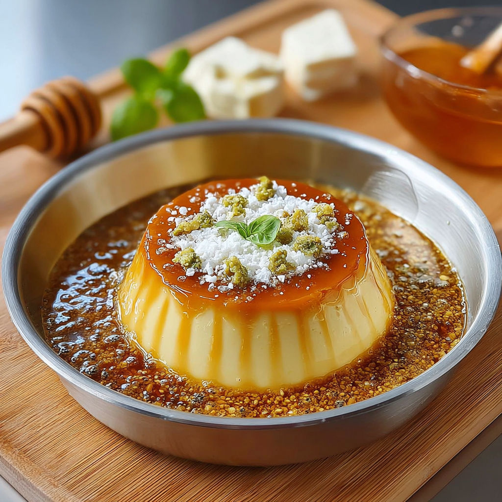 Une tarte au citron garnie de pistaches et de menthe, accompagnée d'une sauce au miel.