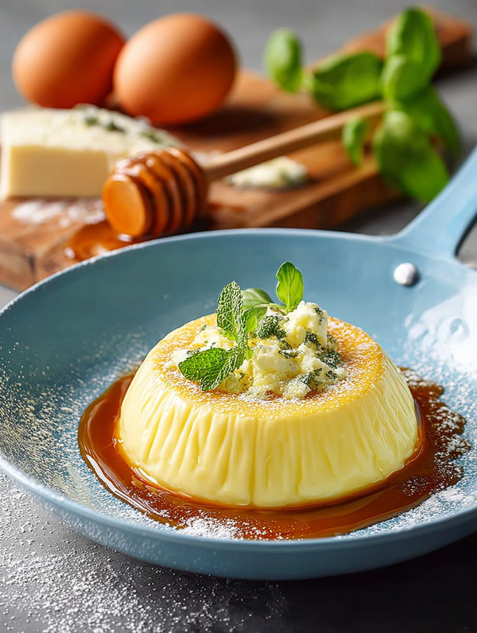 Une tarte aux fruits et à la crème, garnie de menthe, est servie sur un plateau avec des œufs et du miel.