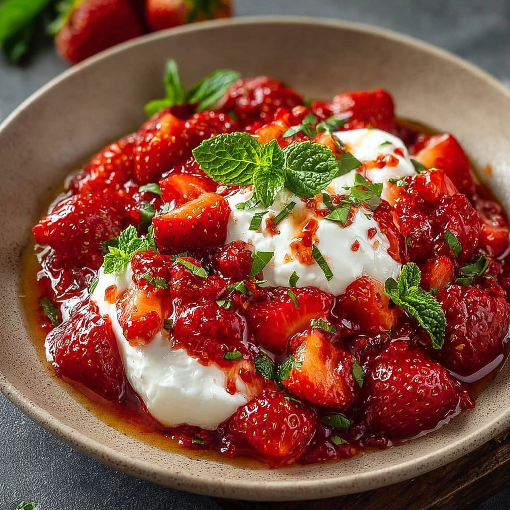 Une recette de Fragole burrata chutney basilico est servie dans un bol.