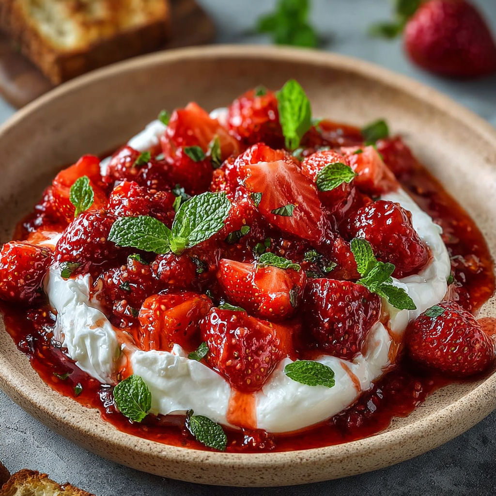 Une tarte aux fraises et yaourt, avec des fraises fraîches et des herbes fraîches, est servie dans un bol en céramique.