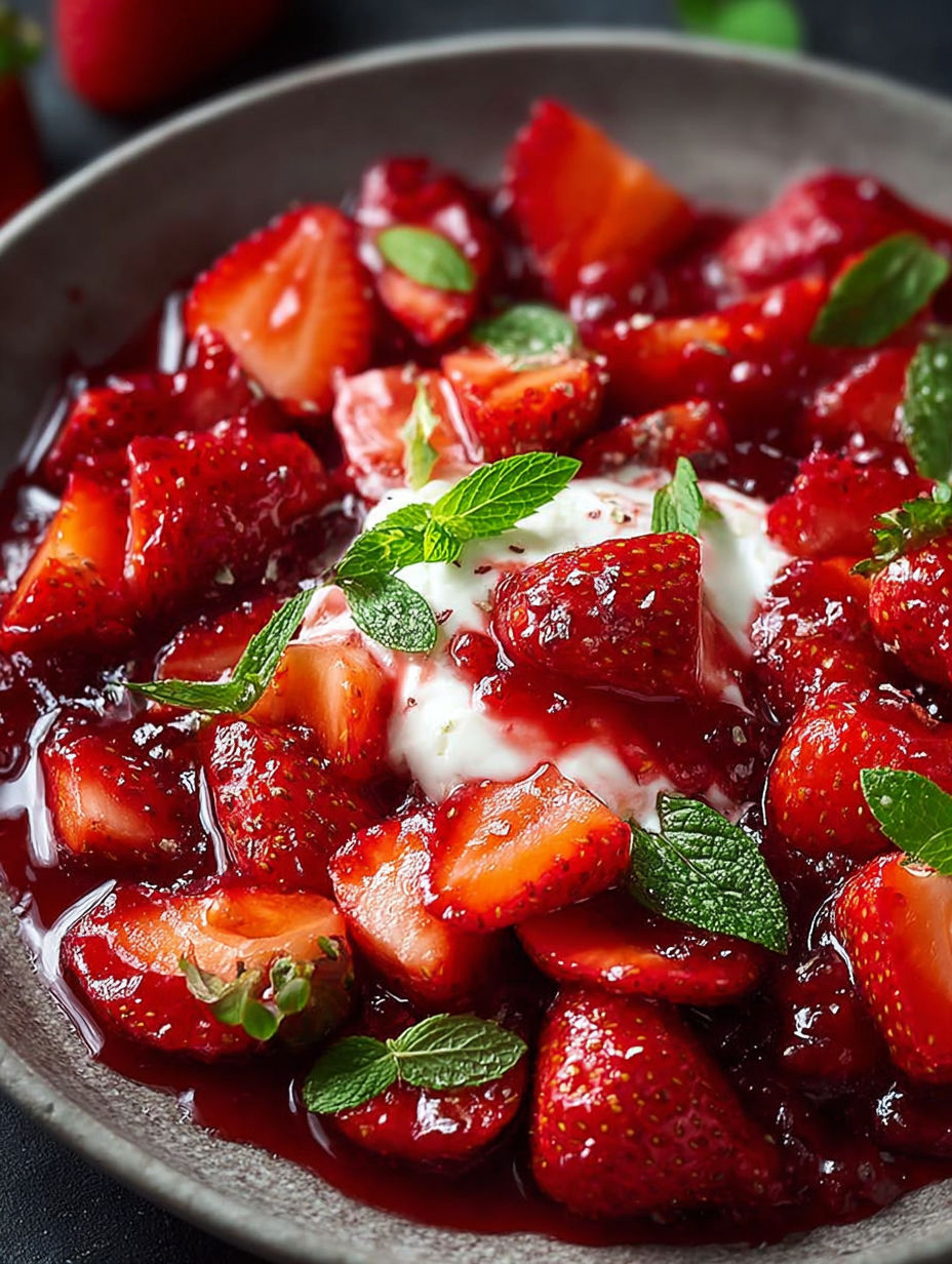 Une tarte aux fraises avec une sauce de framboises et des herbes fraîches.