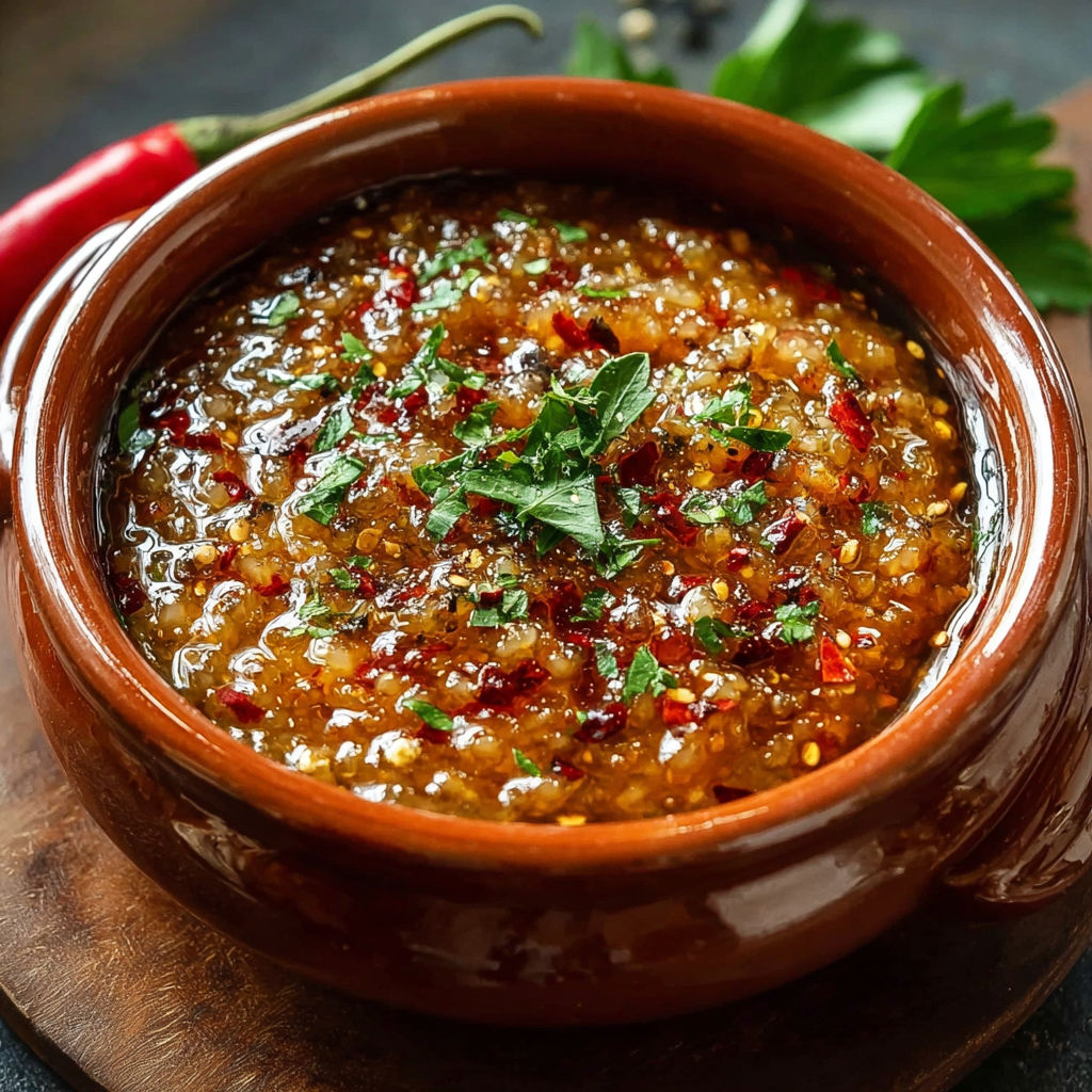 Une recette de soupes de tomates et de poivrons est servie dans un bol en céramique.