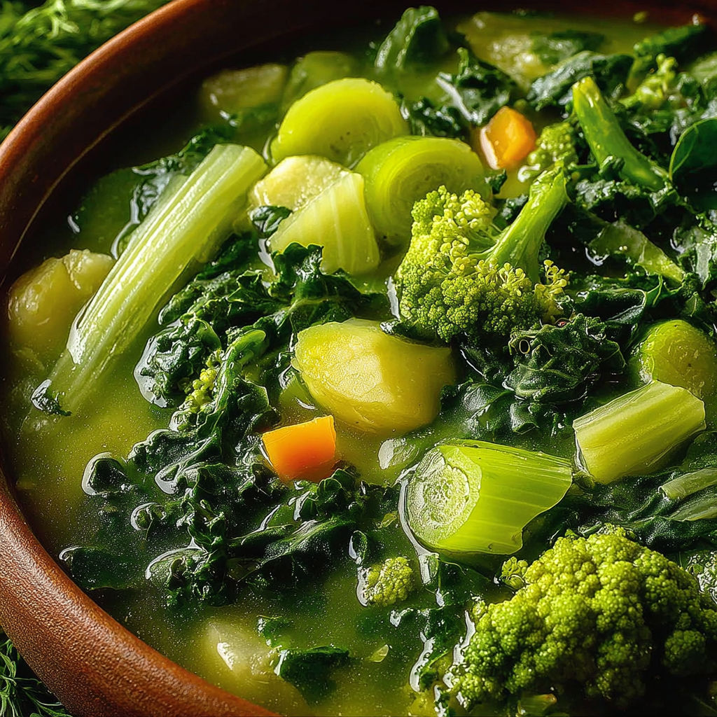 Une soupe verte avec des légumes tels que des brocolis et des carottes.