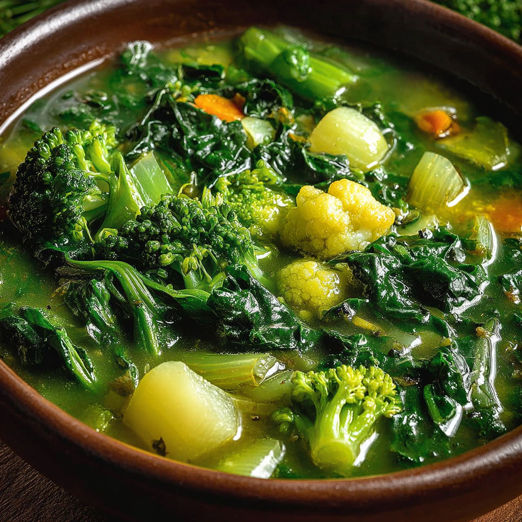 Une soupe de légumes chaude avec des légumes tels que des brocolis, des carottes et des épinards.