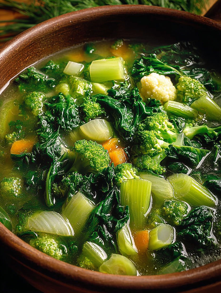 Une soupe de brocoli et de légumes verts, avec des carottes et des pousses de brocoli, dans un bol en terre cuit.
