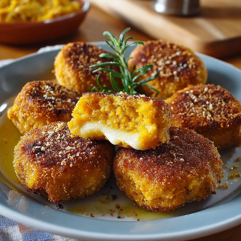 Une plate de polpette zucca e scamorza, avec des herbes et des graines de cumin.