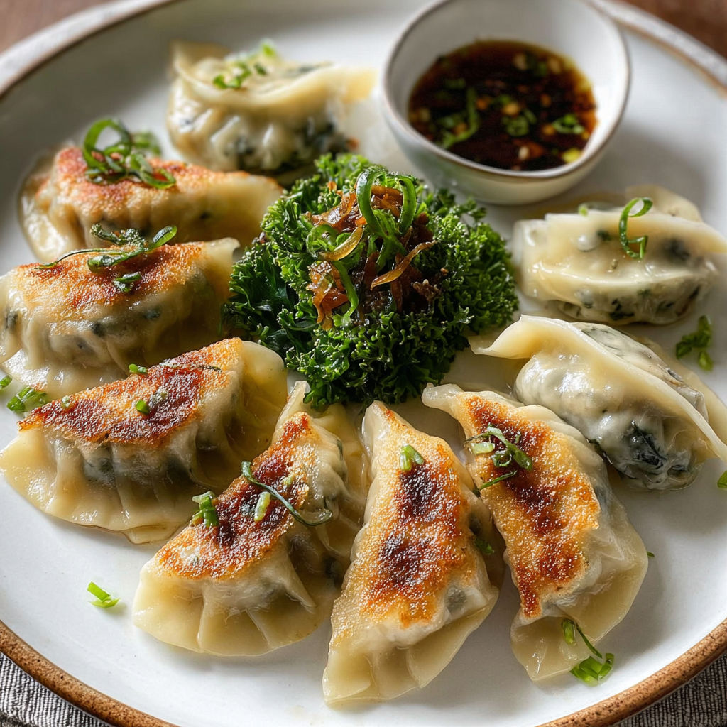 Plate of dumplings with a side of broccoli and a dipping sauce.
