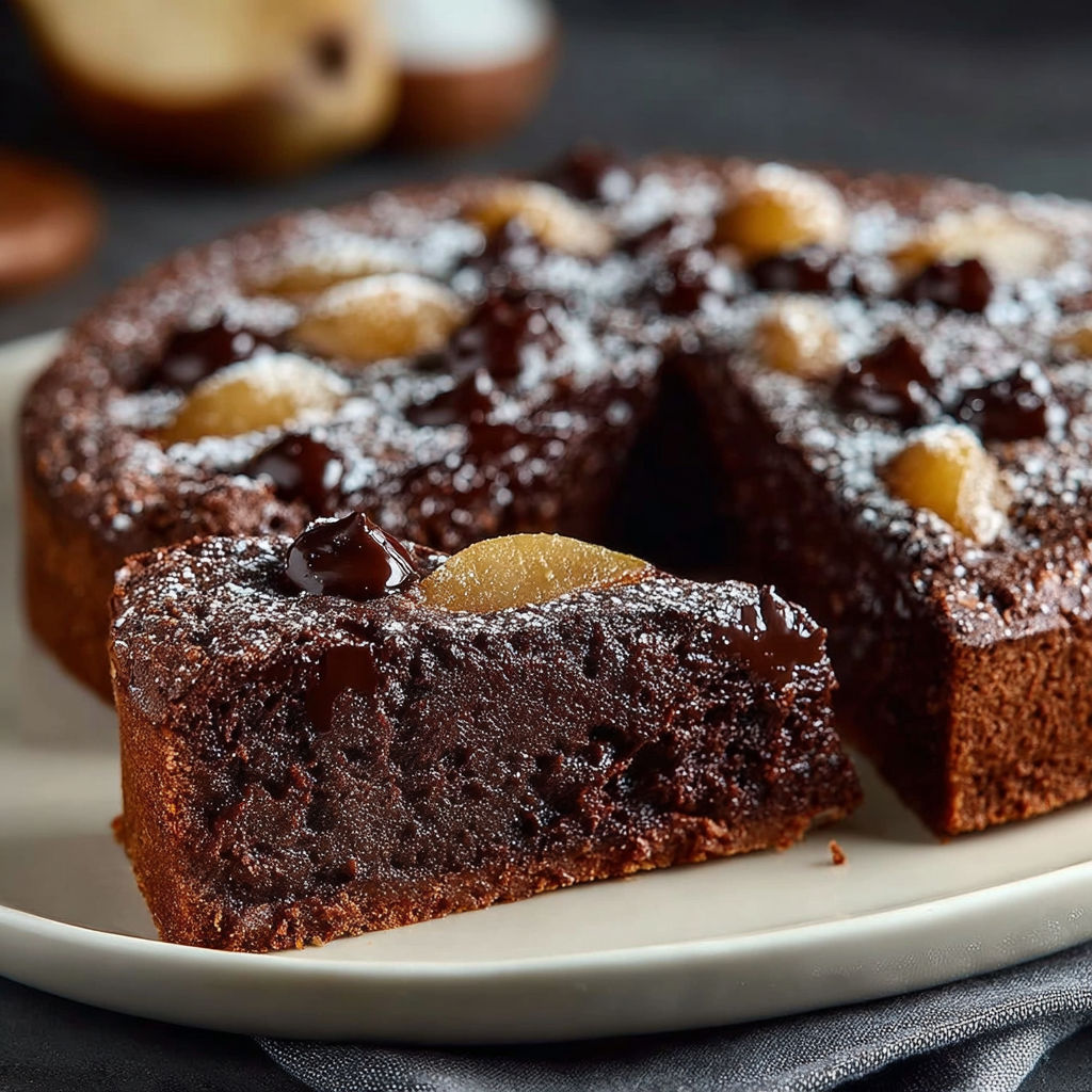 Une tarte aux pommes chocolat, avec des pommes et des noix, est servie sur un plateau.