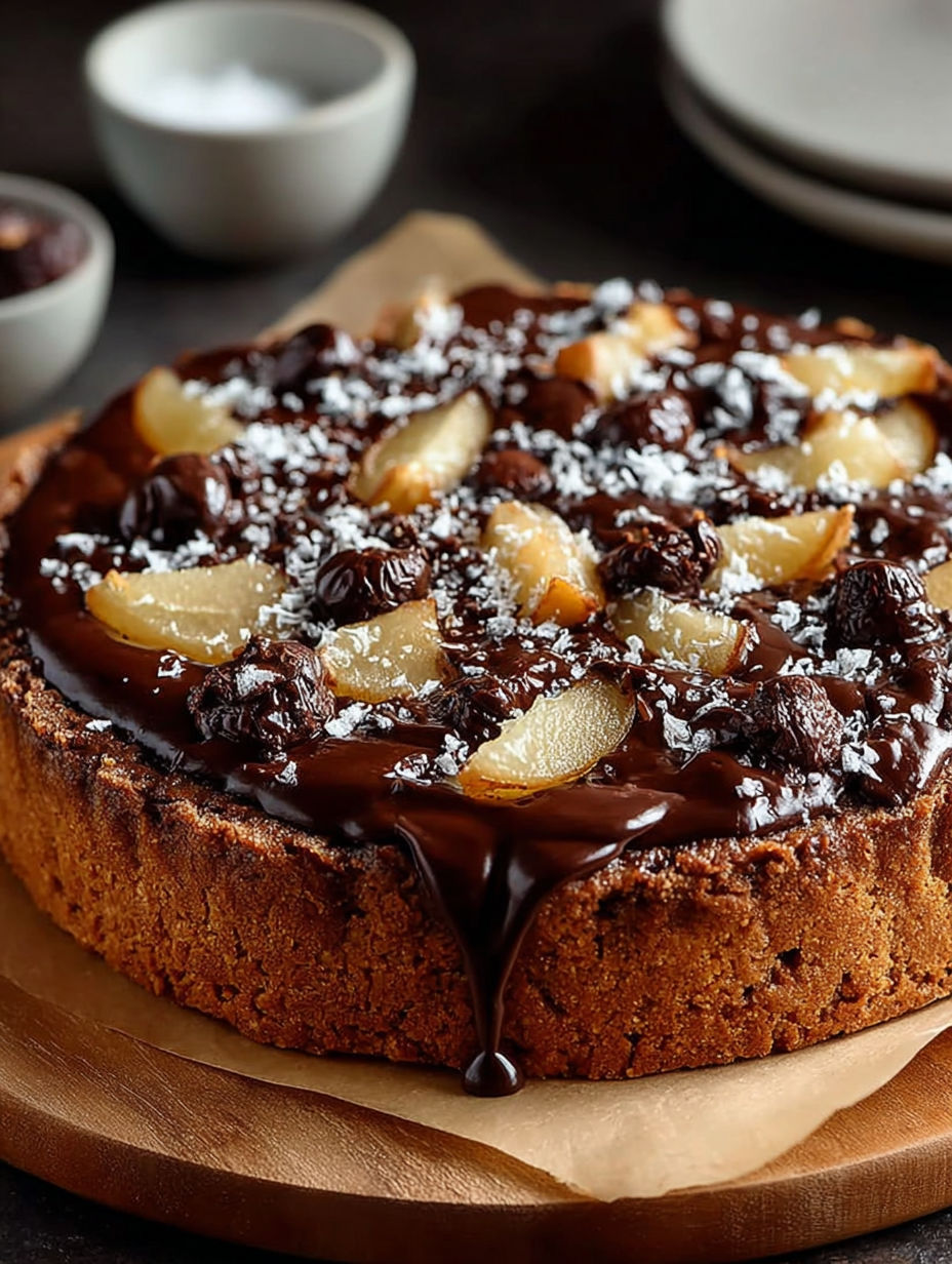 Une tarte au chocolat avec des fruits de mer et des noix, sur un papier beige.