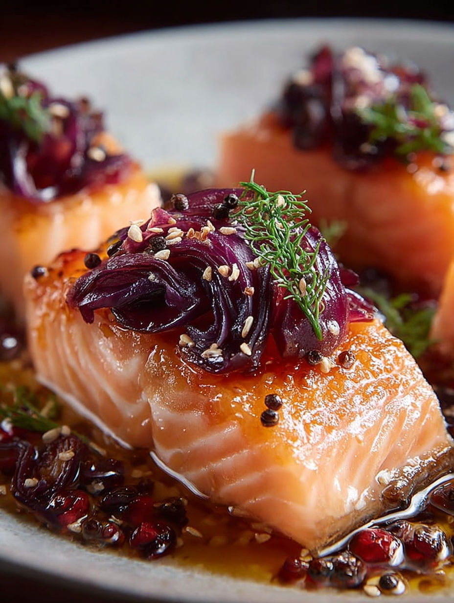 Salmon en sauce de soja avec des épinards et des herbes fraîches.