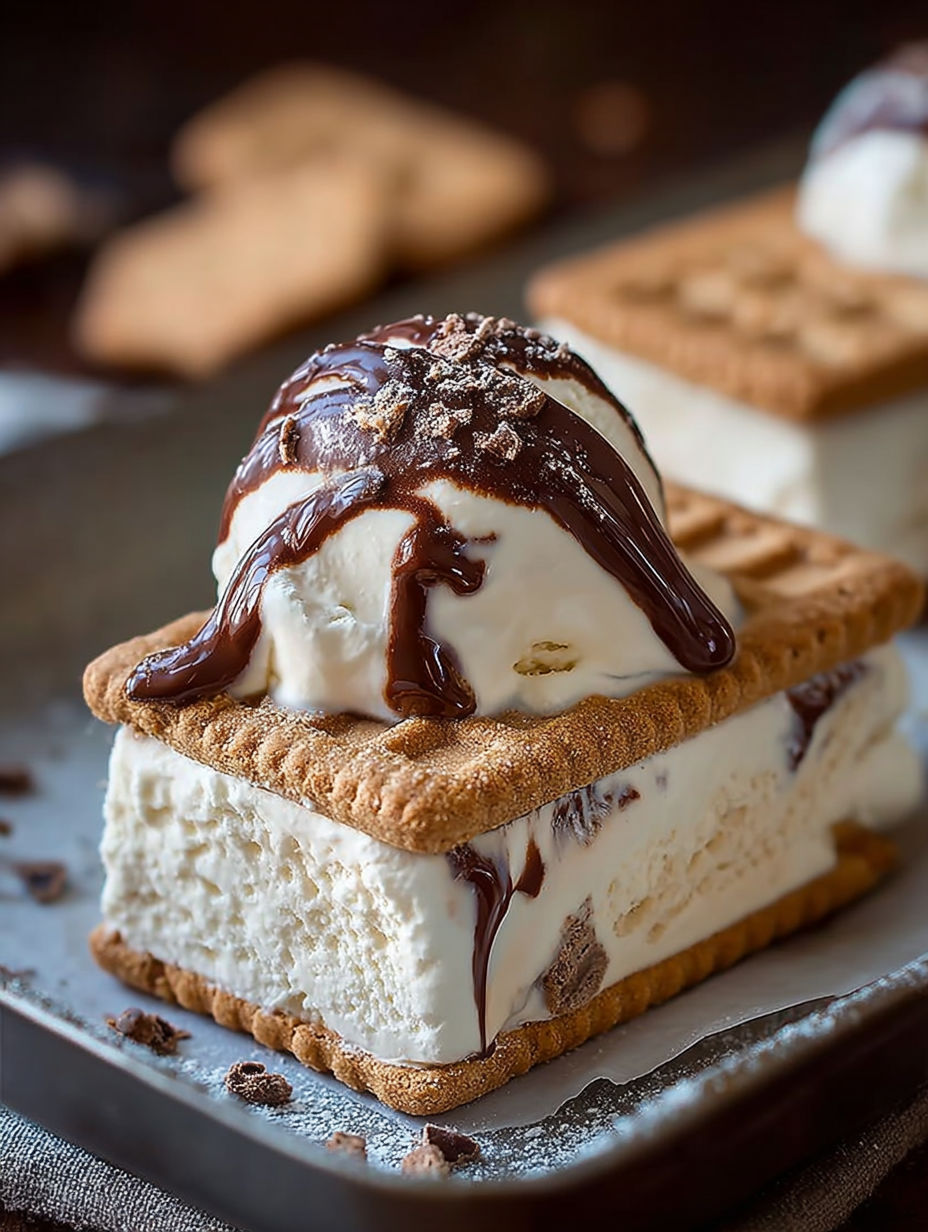 Une glace de crème sur un cookie de glace, avec des morceaux de chocolat sur le dessert.