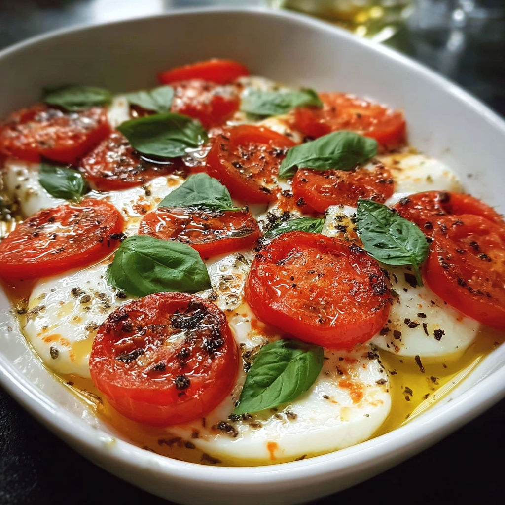 Une salade de tomates et de mozzarella, servie dans un bol, est prête à être cuite au four.