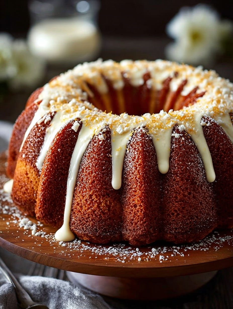 Une tarte aux fruits et crème, garnie de sucre et de crème fouettée, est servie sur un plateau.