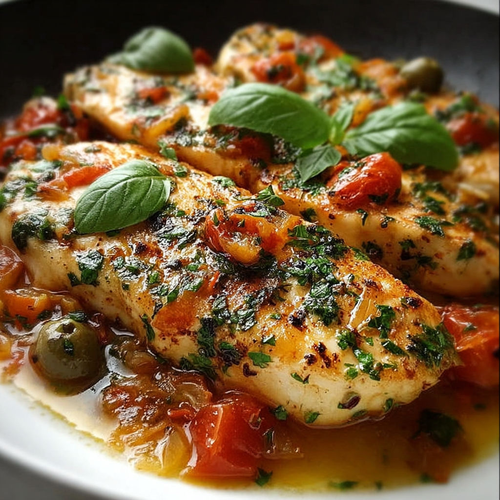 Pesce spada pomodoro olive - Un plat de poisson grillé avec des tomates et des olives.