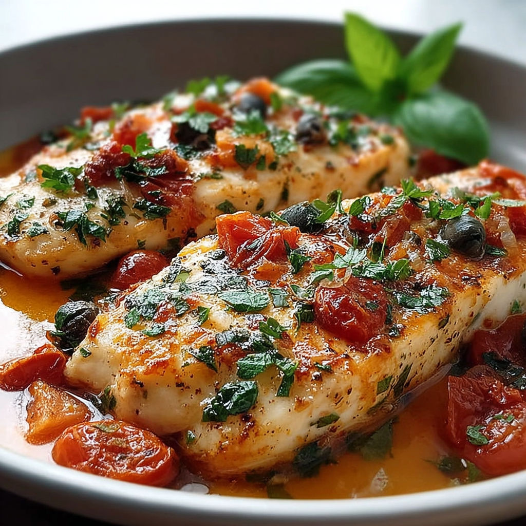 Plate of chicken with tomatoes and herbs, served in a bowl.