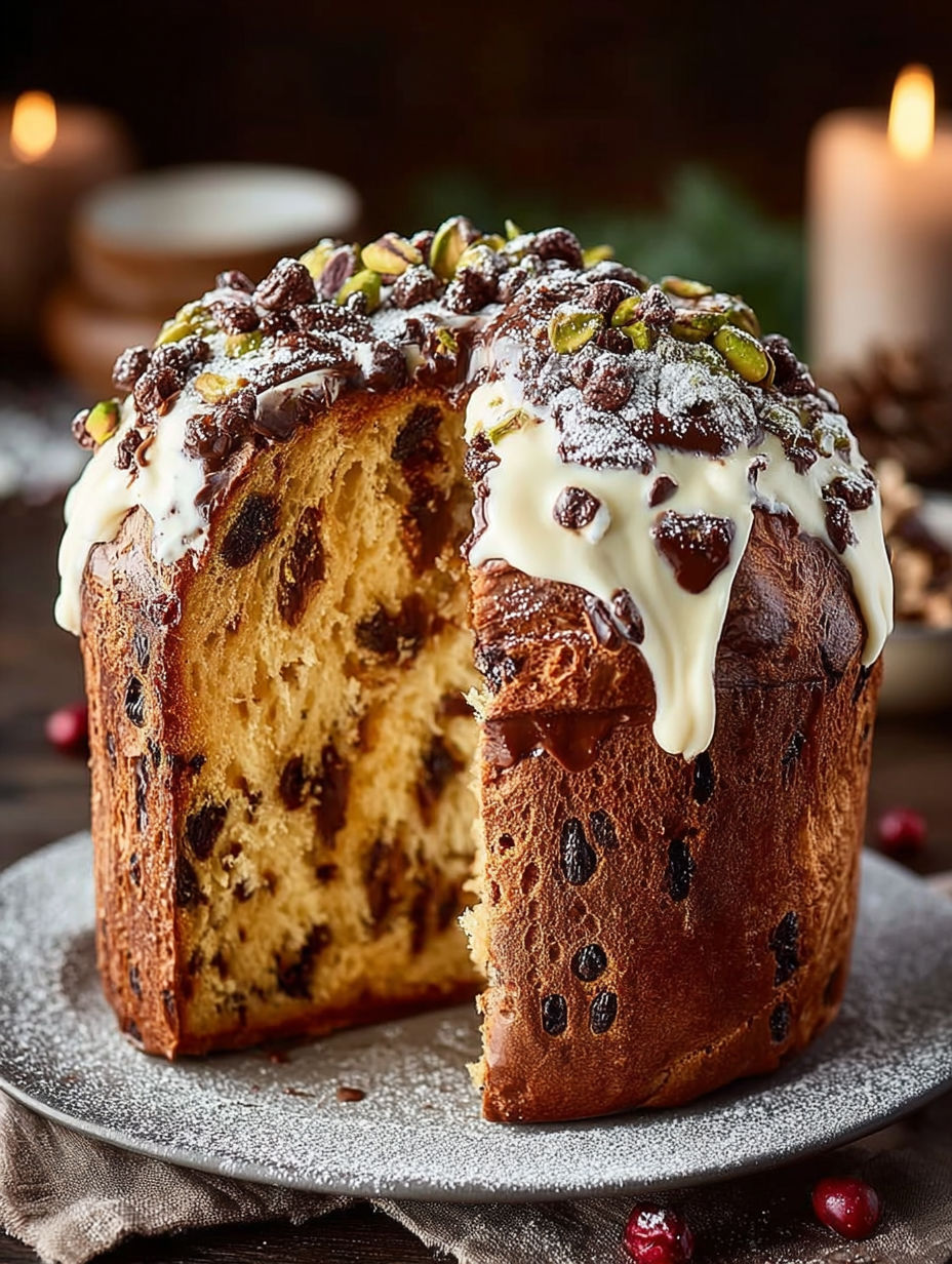 Une tarte aux amandes et raisins, avec une couche de crème chantilly, est servie sur un plateau.