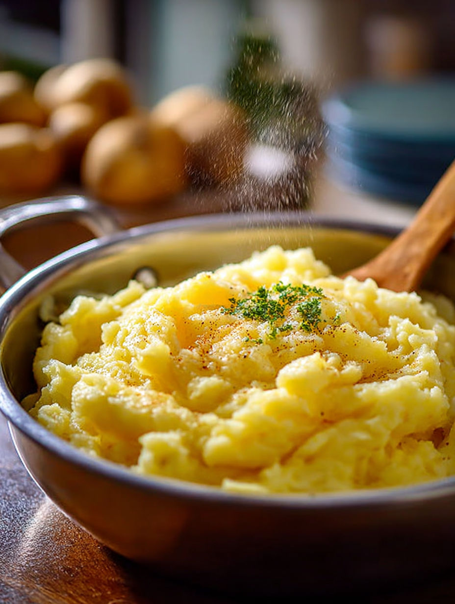 Une casserole de pommes de terre avec des herbes fraîches sur le dessus.