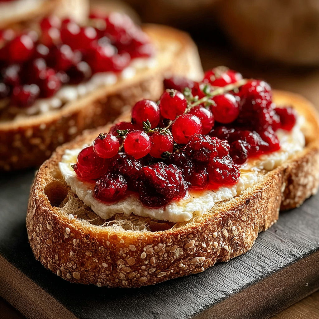 Une tartine de pain grillé avec des fruits rouges et des herbes sur le dessus.