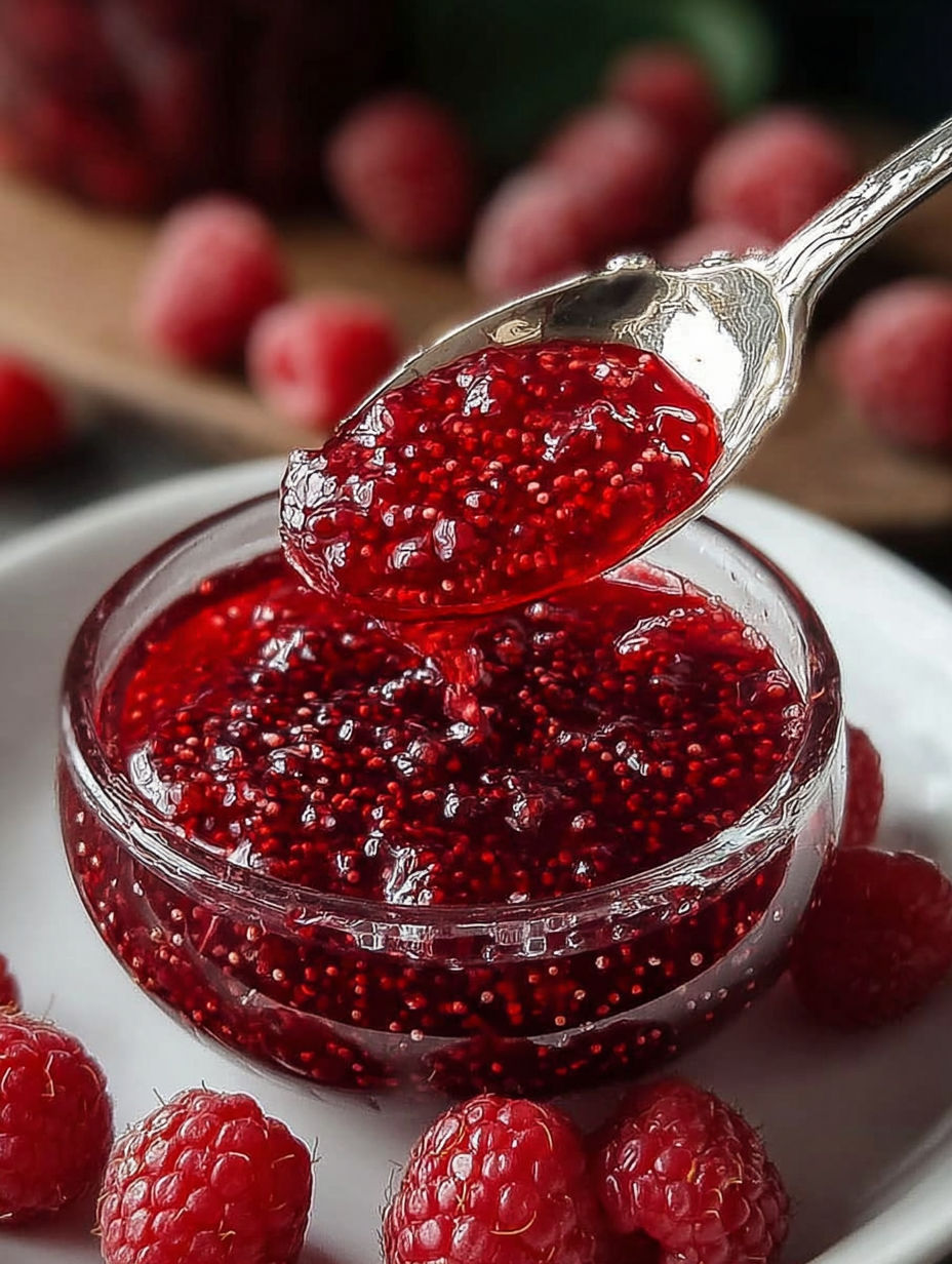 Une cuillère en argent est utilisée pour prendre une cuillère de jus de framboise.