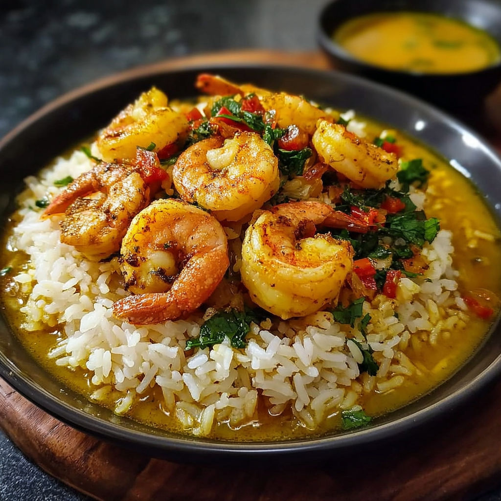 Un plat de fruits de mer et riz avec une sauce jaune.