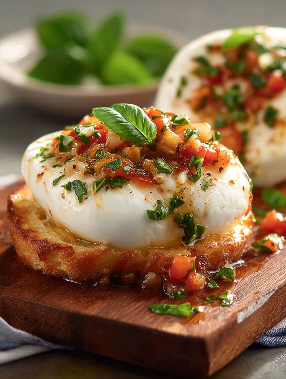 Une tarte aux tomates et fromage sur une planche de bois.