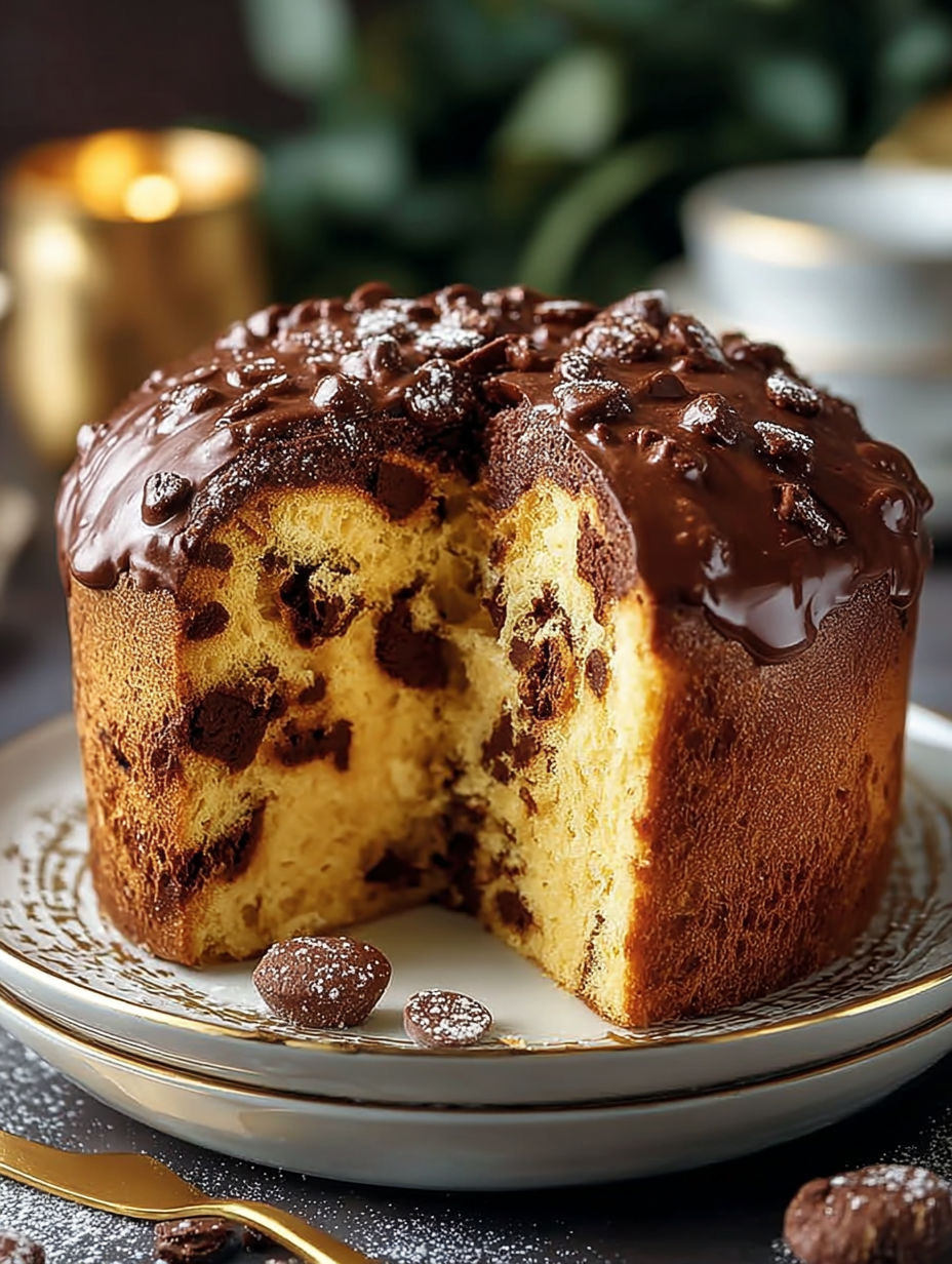 Une portion de Panettone cioccolato soffice est servie sur un plateau.