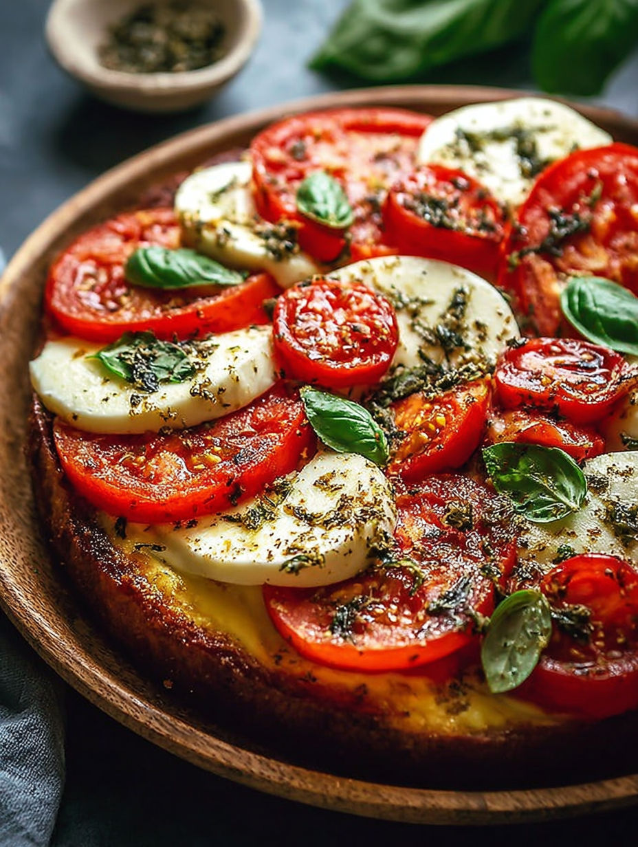 Une pizza maison avec des tomates, des herbes et des fromages.