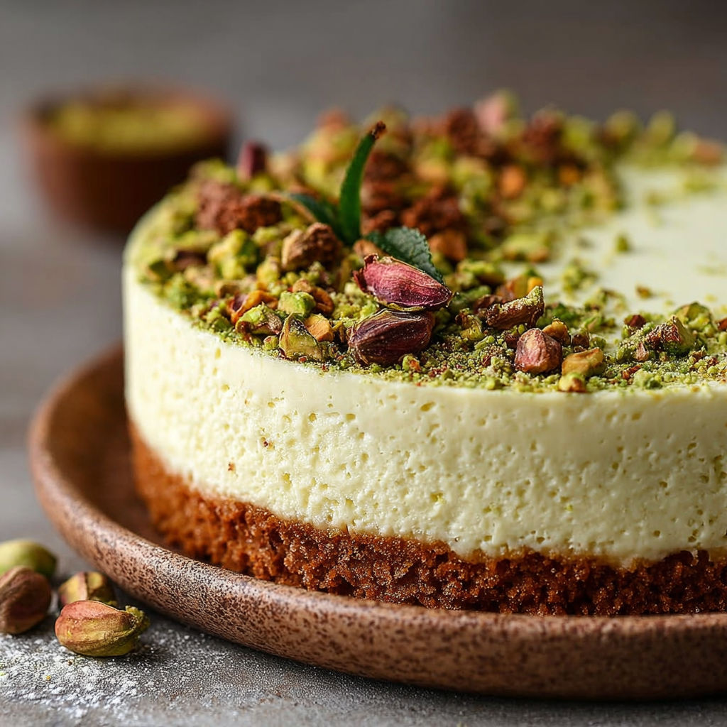 Une tarte aux noix et herbes, avec une garniture de pistaches et de cumin, est servie sur un plateau en bois.