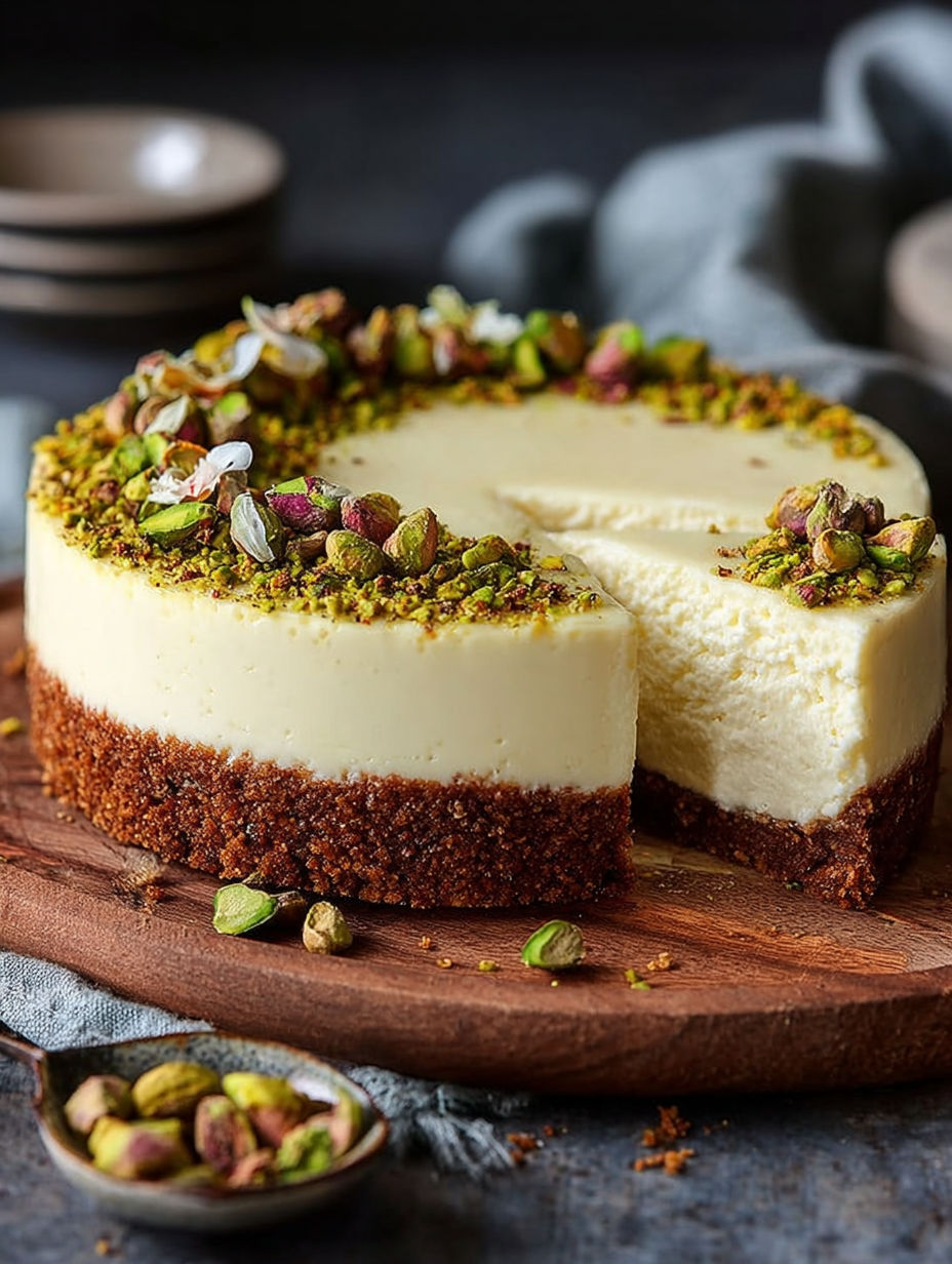 Une tarte aux noix et aux amandes, avec des graines de lin et des amandes, est servie sur un plateau de bois.